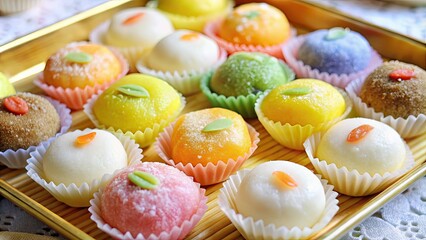 Closeup of colorful Japanese rice dessert mochi cakes , Mochi, Japanese, dessert, rice cake, sweet, colorful, traditional, food