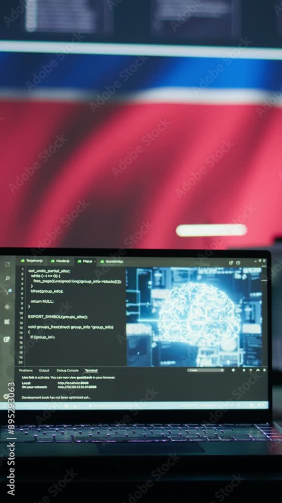 Poster vertical video military personnel working next to ai brain neural network in a command post with a n