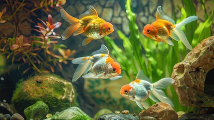Four Goldfish Swimming in a Lush Aquarium