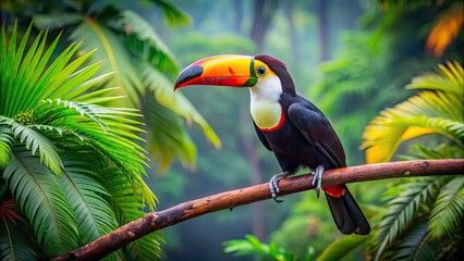 Obraz premium Toucan perched gracefully on a lush branch in a tropical jungle setting, toucan, bird, branch, tropical, jungle, wildlife