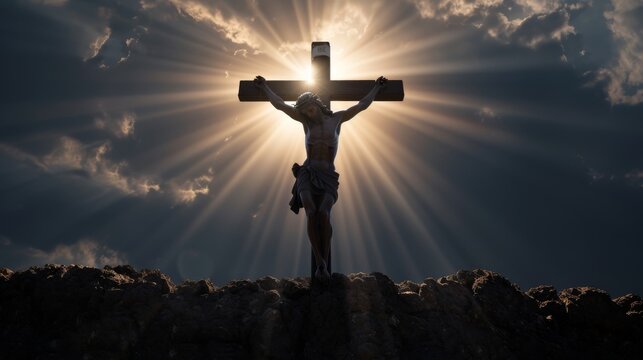 Jesus on the cross at Golgotha close to the sky This image captures historical accuracy. Depict sacred and important moments with the utmost detail and reverence.