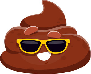 Cartoon poop emoji, funny poo excrement character, happy toilet shit emoticon. Isolated vector cheerful turd or feces personage with a smiling face, playful yellow sunglasses and cool confident smile