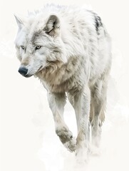 Obraz premium A single white wolf walking across a green field, perfect for nature or wildlife illustrations