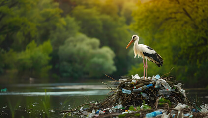 A stork standing amidst polluted water with a tree backdrop, highlighting environmental issues and the impact of pollution on wildlife. © sornram