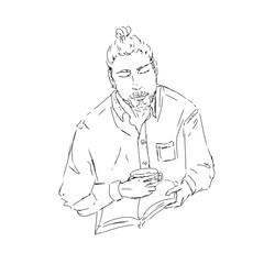 Man drinking coffee and reading a book sketch black and white digital illustration