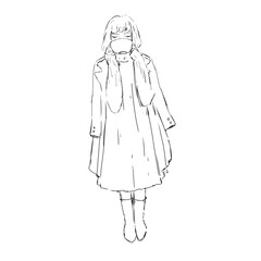 Woman in trench coat and dress drinks coffee from a cup while standing sketch black and white digital illustration