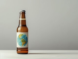 Global Cheers, a beer bottle featuring a globe label symbolizes worldwide enjoyment, crafted in neutral tones, set against a white background with ample copy space for text.