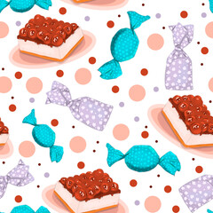 Seamless pattern with candies, cakes and dots color illustration