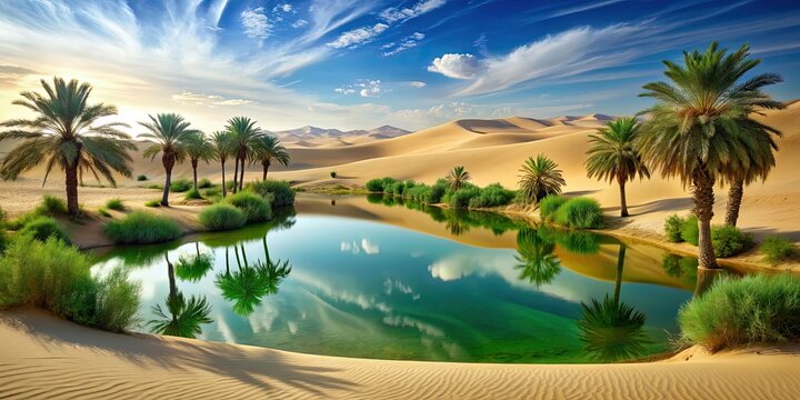 Peaceful green oasis surrounded by desert sands on background, oasis, greenery, tranquil, serene, desert, sand, isolated, nature