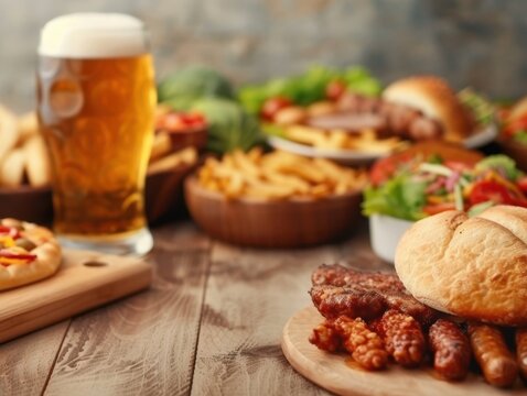 Lively beer festival scene, vibrant international food stalls, festive atmosphere, bright colors, ample copy space, detailed composition, engaging depth of field, celebration of culture and taste