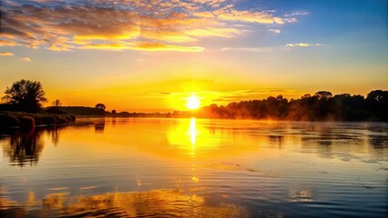 Obraz premium Sunrise casting a golden glow over the tranquil river, sunrise, river, nature, morning, reflection, tranquility, peaceful, water, dawn