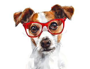 Cute watercolor illustration of a dog wearing red glasses, capturing the playful personality and trendy style in a whimsical art piece.