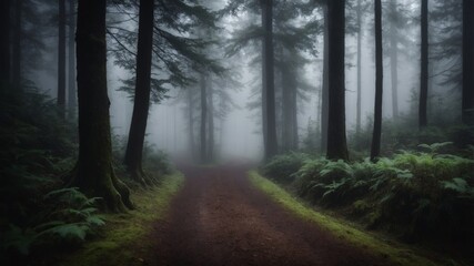 Fototapeta premium Enigmatic Forest Path with Foggy Atmosphere