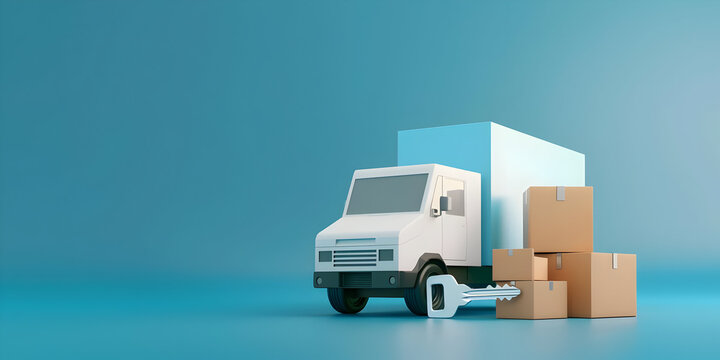 Delivery truck with boxes and key on blue background. Concept of logistics, relocation, or moving services.3D render.