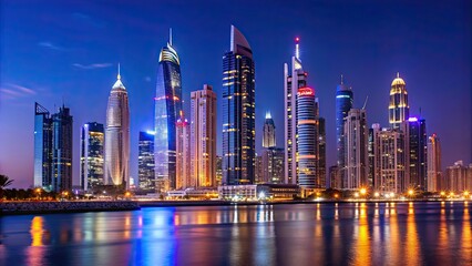 Fototapeta premium Cityscape of Marina Dubai with Marina Beach illuminated at night