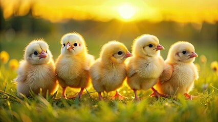 Naklejka premium Close up shot of adorable yellow chicks standing together in a sunny field , baby animals, farm, agriculture, cute, small