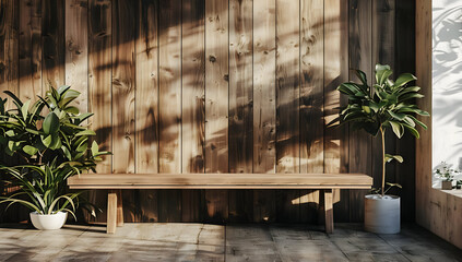 Serene sunlit wooden bench with green plants against rustic wall perfect for relaxation and nature-inspired interior design concepts.
