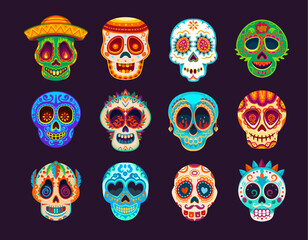 Day Of Dead Mexican calavera sugar skulls. Dia de Los Muertos holiday skulls collection, Mexican holiday, carnival or Halloween celebration party isolated vector ornate masks set