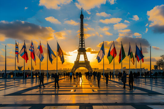 The Eiffel Tower in Paris, France with many flags of different countries at sunset, paris olympic