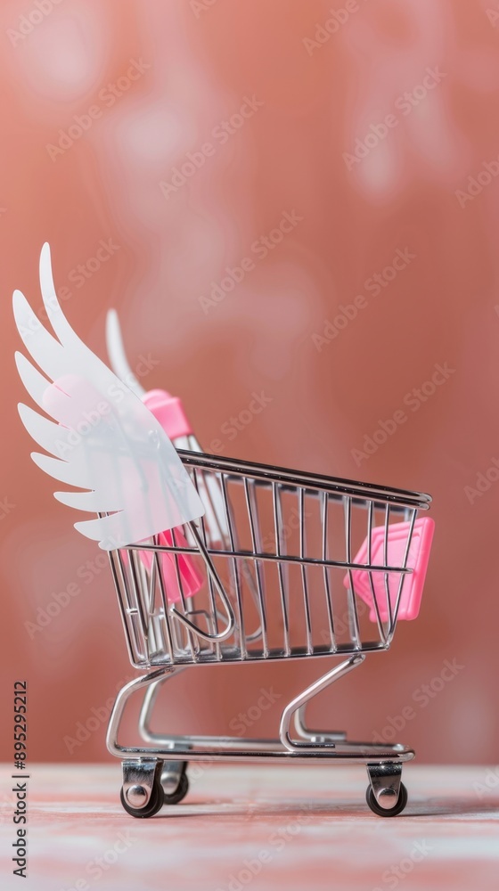 Poster abstract art of a shopping cart with digital wings, symbolizing the swift and accessible experience 