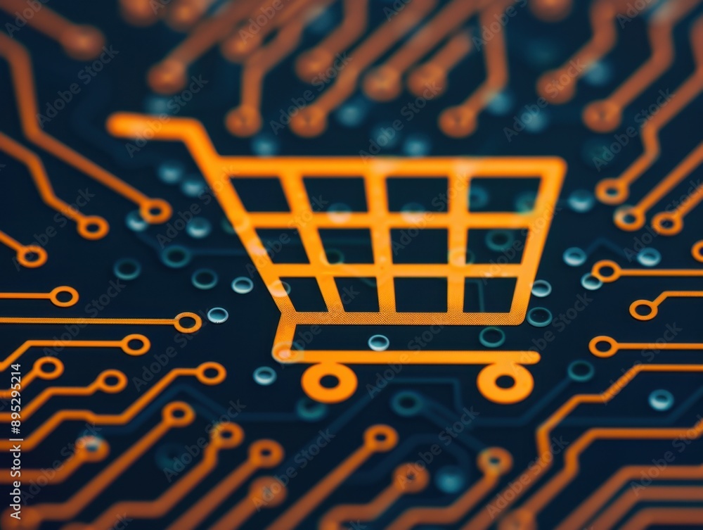 Poster digital marketplace fusion, abstract representation of a shopping cart intertwined with a digital ci