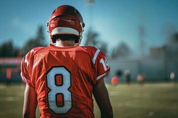 A football player wearing an orange jersey and a helmet, ready to play