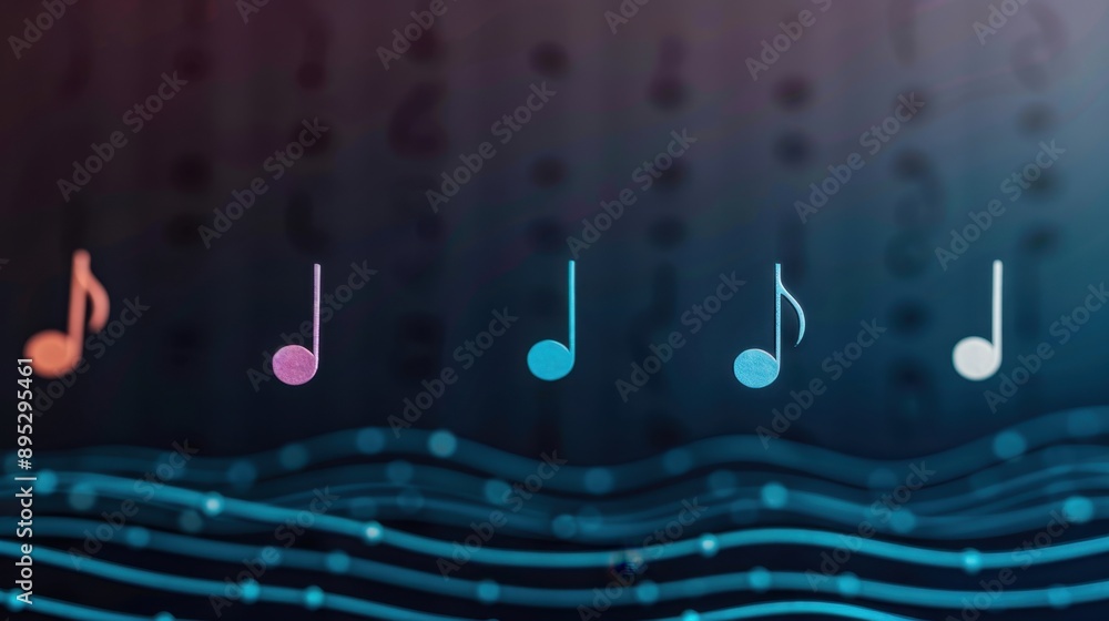 Poster melodic fusion, vibrant abstract representation of musical notes merging with sound waves, illustrat