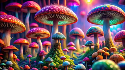 Psychedelic 4k wallpaper featuring vibrant mushrooms in a rainbow of colors, mushrooms, psychedelic, 4k, wallpaper, vibrant