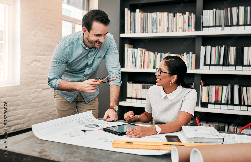 Aufkleber man, woman and tablet with floor plan for architecture with review, design and app for property in o