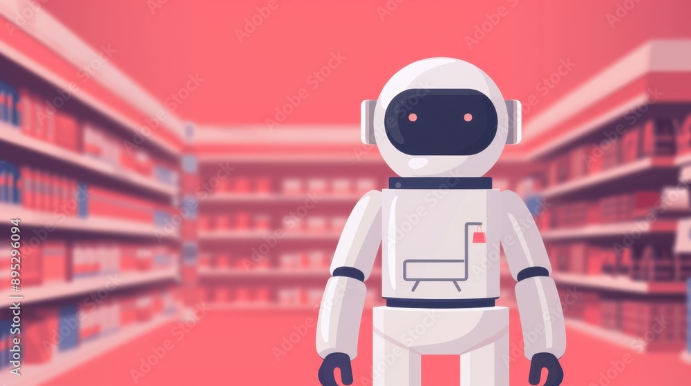 Poster virtual shopping assistant, engaging animated character guiding users through an online store, showc