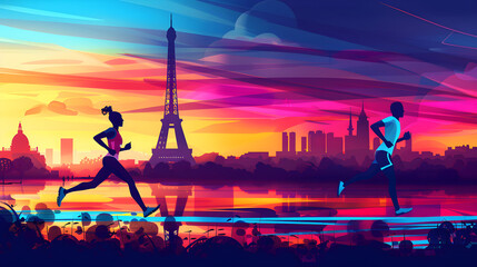 marathon runners running in Paris Olympic, with the Eiffel Tower in the background