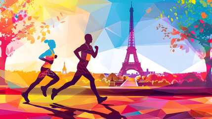 Obraz premium marathon runners running in Paris Olympic, with the Eiffel Tower in the background