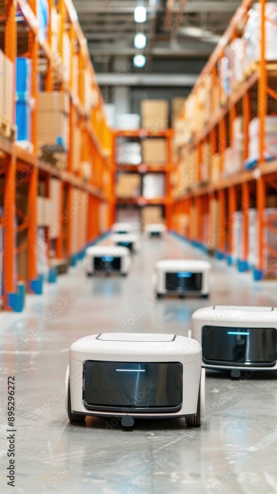 Poster autonomous delivery robots in a bustling warehouse, showcasing the future of logistics, efficient na