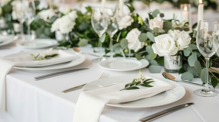 Fototapeta premium Elegant wedding table setting, beautifully adorned with exquisite decorations, intimate ambiance, ample copy space for personalized messages, inviting atmosphere for celebration