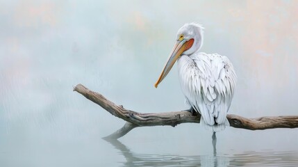 A Dalmatian Pelican perching on a branch in the water
