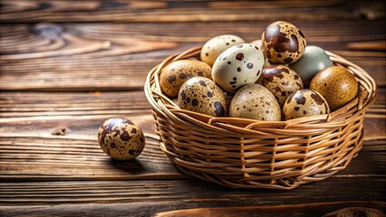Obraz premium Quail eggs in hay and basket on wooden background, quail eggs, hay, basket, wooden, background, organic, fresh, natural