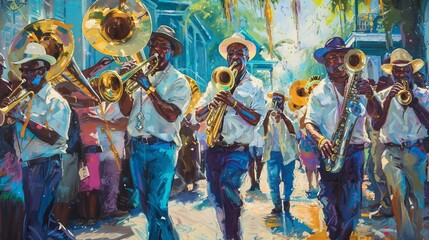 Group of happy people in carnival costumes dancing and having fun during Mardi Gras festival on the street.