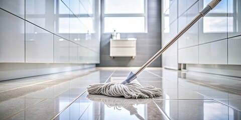 Close-up of a mop cleaning a pristine tile floor in a sleek, modern bathroom, emphasizing simplicity and elegance, clean, floor