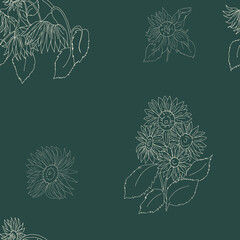 Sunflowers Outlined on Dark Green Background Seamless Repeat Pattern