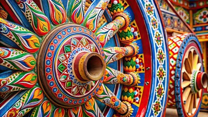 Naklejka premium Close up of vibrant and ornate Sicilian cart wheel, colorful, traditional, Sicily, Italy, folk art, detail, close up