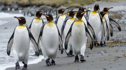 Obraz premium A group of king penguins walking on the beach of Salisbury Plains. South Georgia, Antarctica.