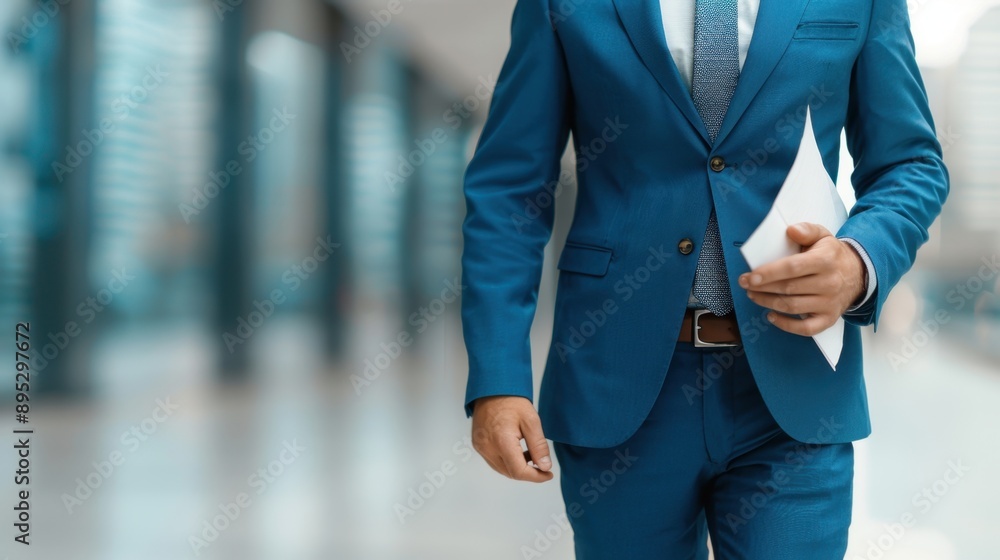 Poster business traveler reviewing documents, professional in transit engaged with papers, flat composition