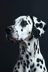 Dalmatian Portrait: A captivating close-up portrait of a Dalmatian dog against a dark background, showcasing its striking black spots and expressive eyes. The image exudes elegance and charm, capturin