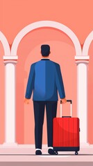 Business traveler at a bustling train station, confidently holding a suitcase, surrounded by the vibrant energy of commuting crowds, ample space for text above.