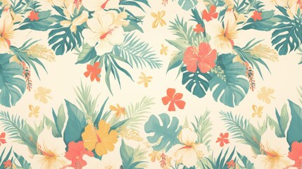  a lively and colorful stylish retro aloha pattern with painted leaves and blossoms that exude a natural and exotic feel