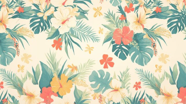 Fototapeta  a lively and colorful stylish retro aloha pattern with painted leaves and blossoms that exude a natural and exotic feel