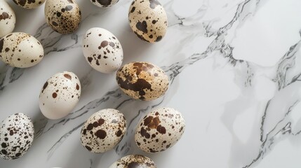 Obraz premium Quail eggs displayed on marble surface from above