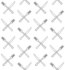 Vector seamless pattern of hand drawn sketch doodle outline crossed fork and knife isolated on white background
