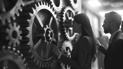 A couple standing together looking at the clock, possibly waiting for something or making plans