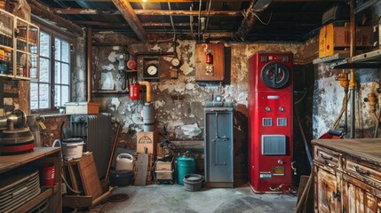 Cluttered basement with vintage equipment. This image can be used for articles about old technology, home renovation, or abandoned buildings.